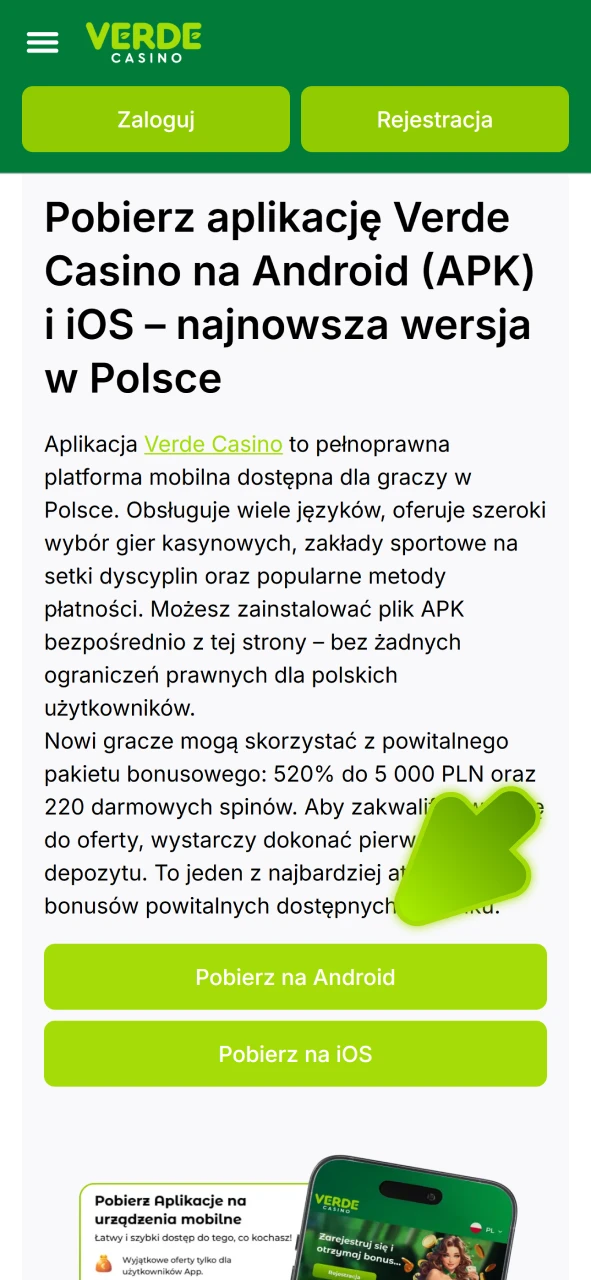 Kliknij ten przycisk, aby pobrać aplikację Verde Casino na Androida.