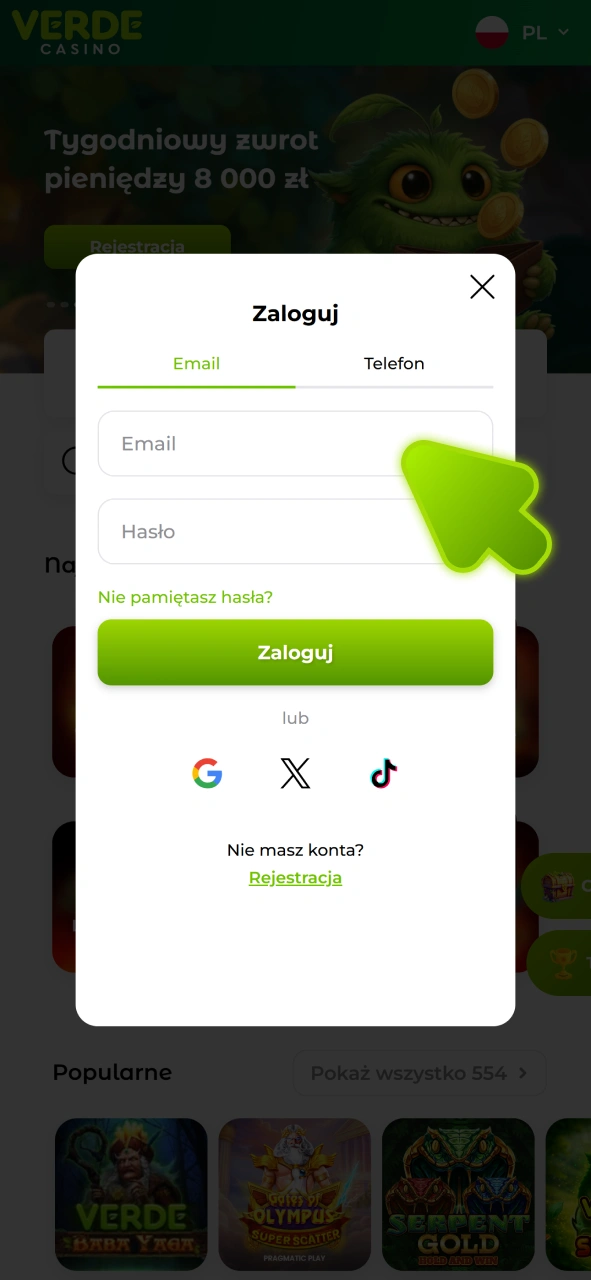 Zaloguj się na swoje konto w aplikacji Android Verde Casino.