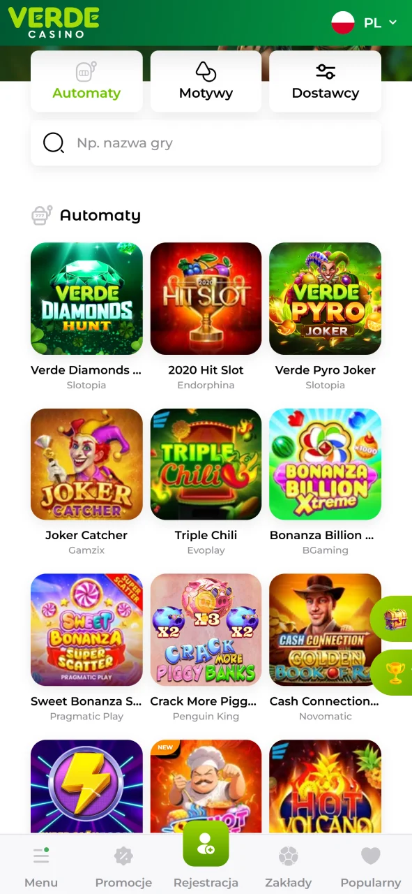 Zagraj w różne sloty w aplikacji Verde Casino.