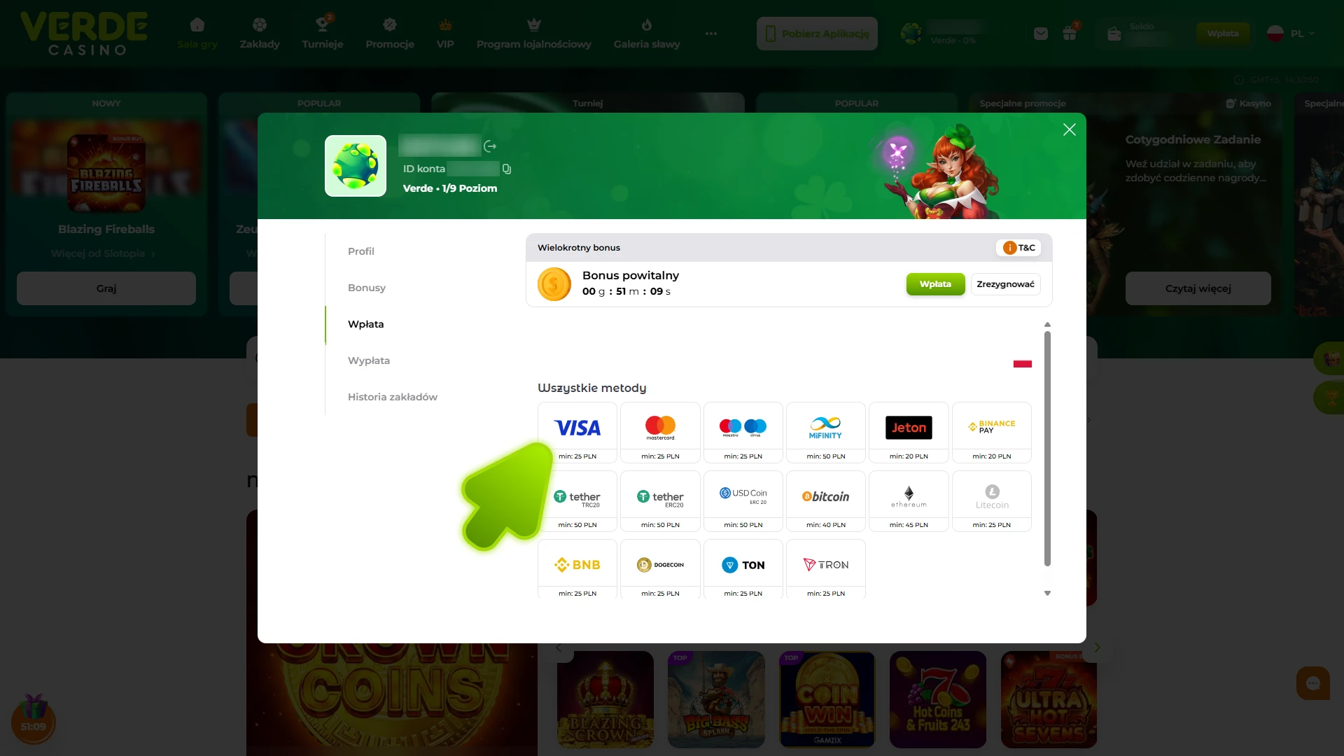 Depozyt na grę na automatach w Verde Casino.