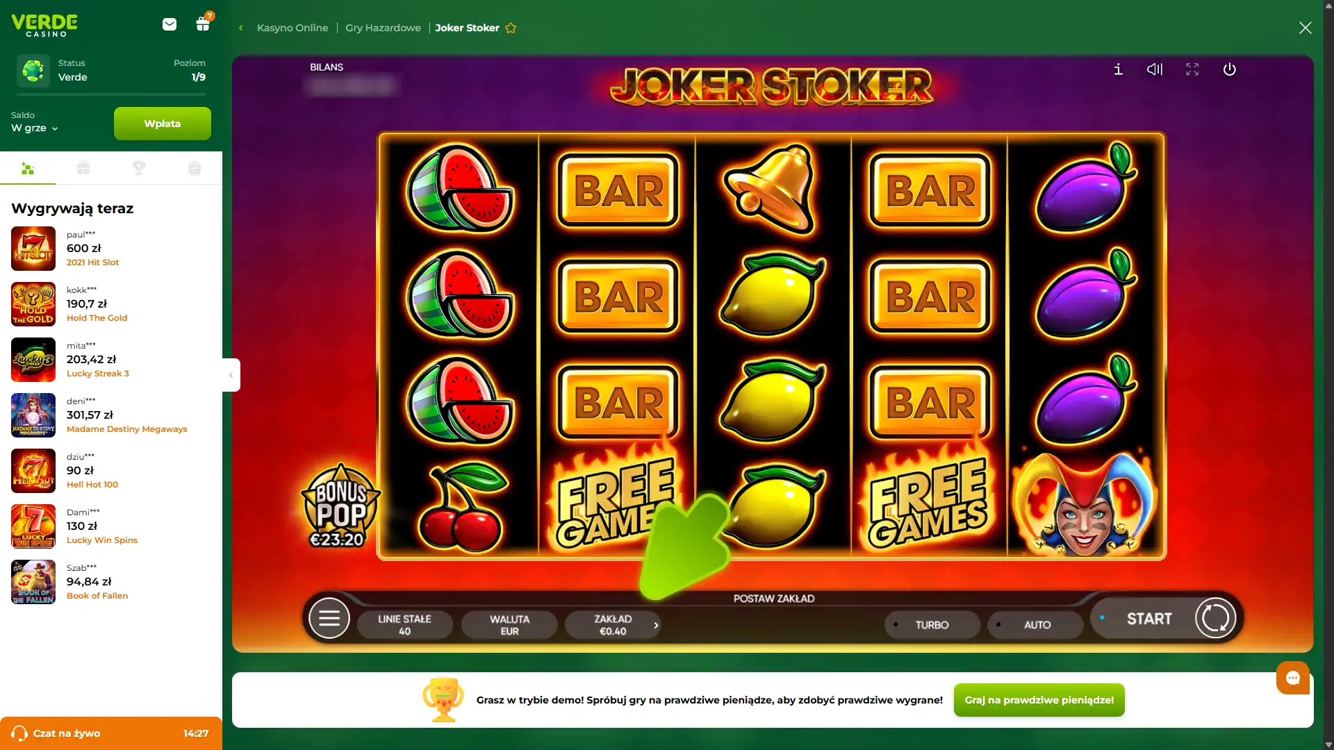 Skonfiguruj grę slotową w Verde Casino.