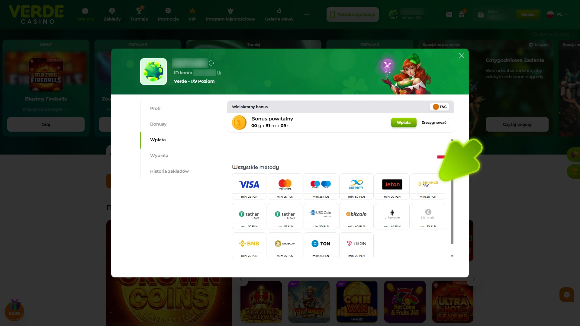 Dokonaj wpłaty, aby otrzymać bonus powitalny w Verde Casino.
