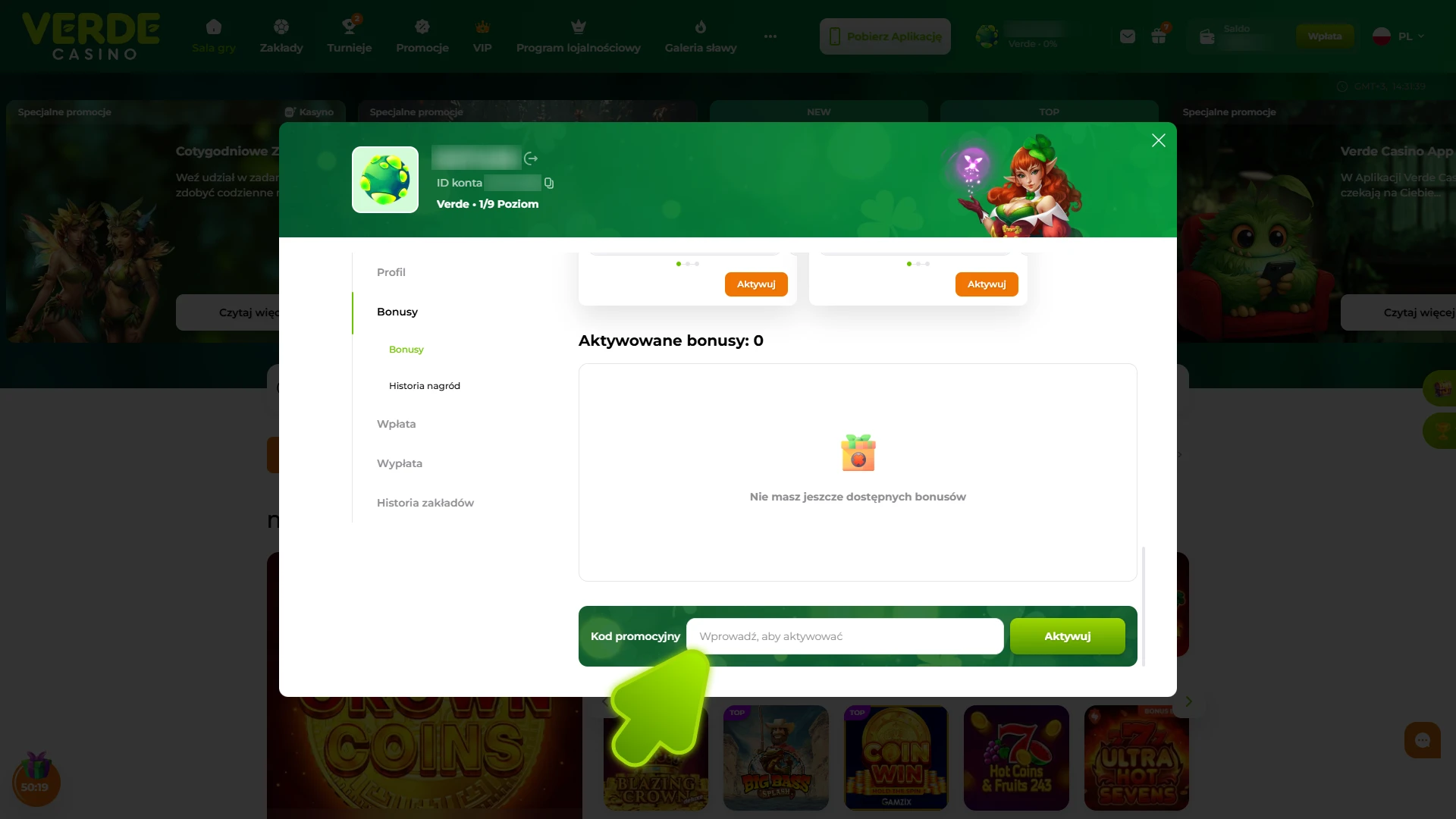Wpisz kod promocyjny na swoim profilu w Verde Casino.