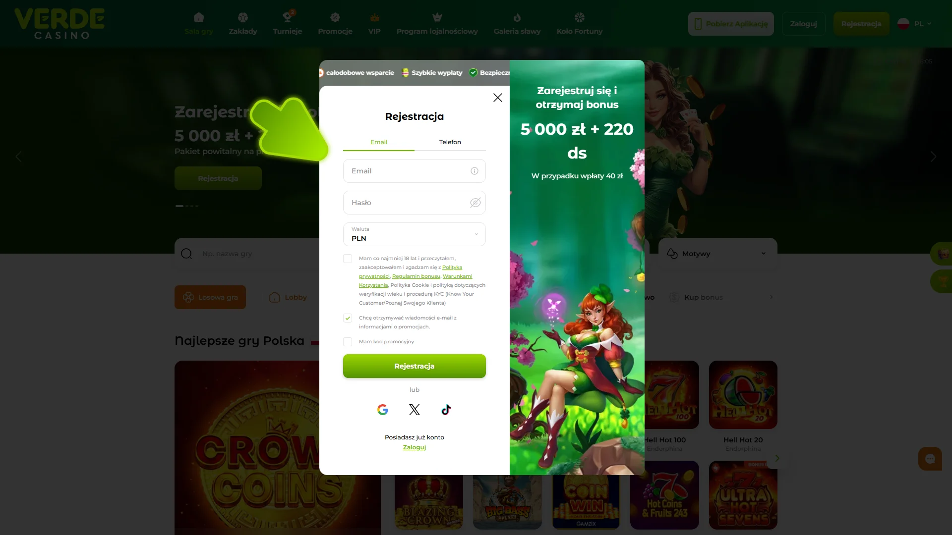Załóż konto w Verde Casino, aby skorzystać z bonusów.
