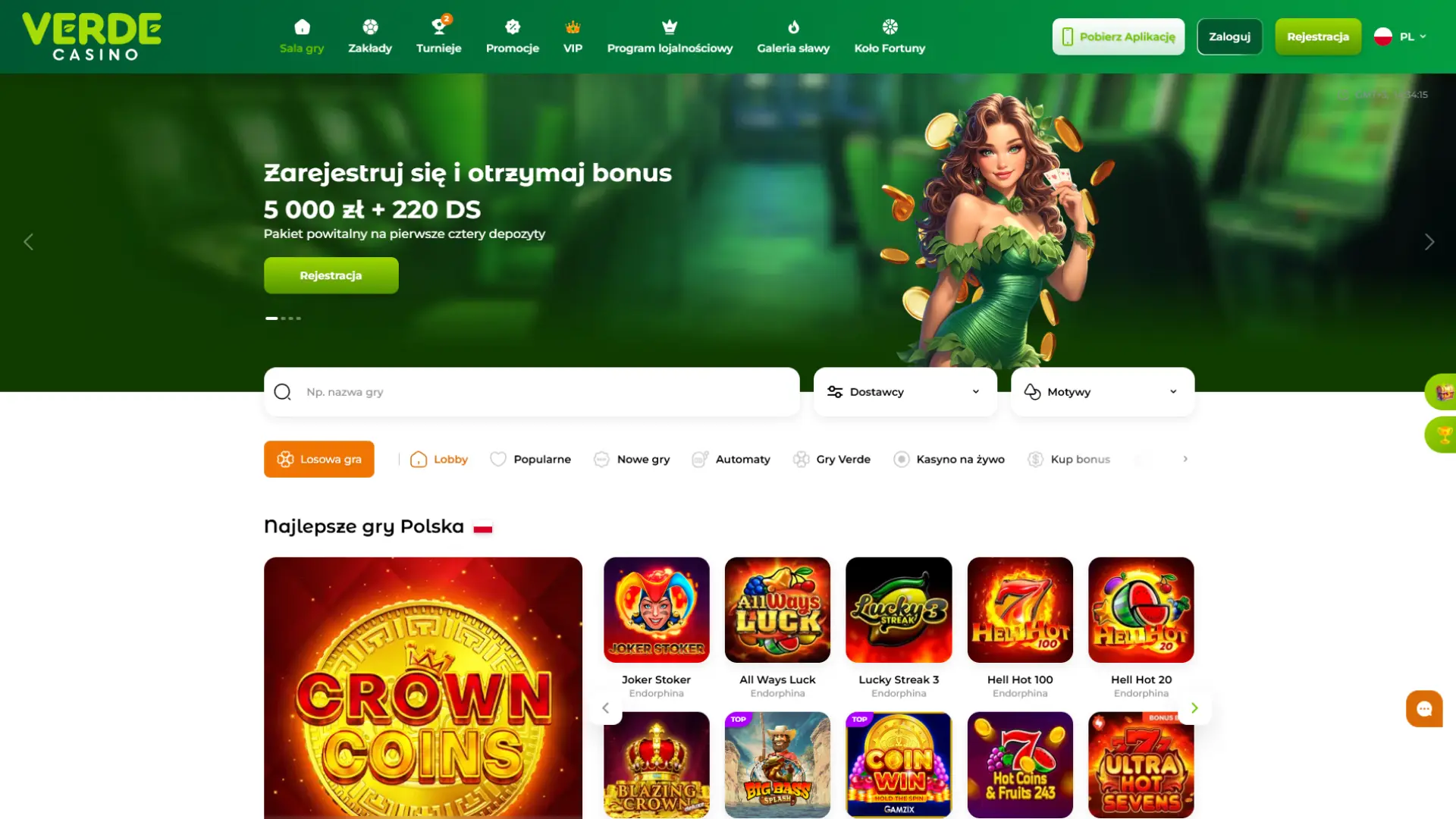 Otwórz stronę główną Verde Casino, aby zapoznać się z popularnymi grami i najnowszymi promocjami.