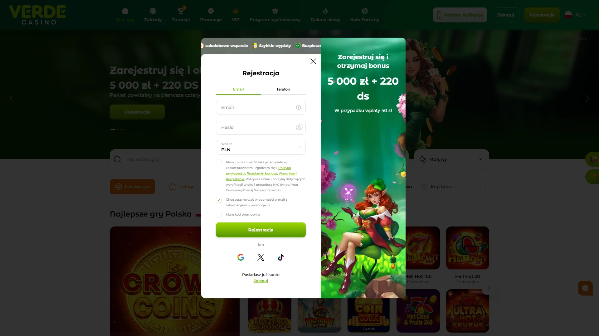 Załóż konto w Verde Casino za pomocą kilku kliknięć.