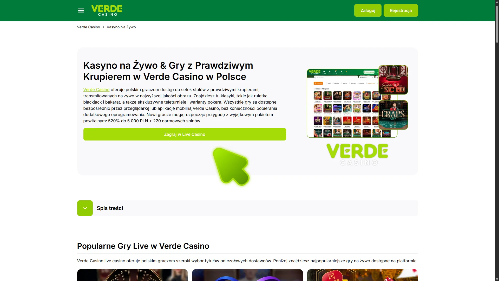 Kliknij przycisk na tej stronie, aby zagrać w gry na żywo w Verde Casino.