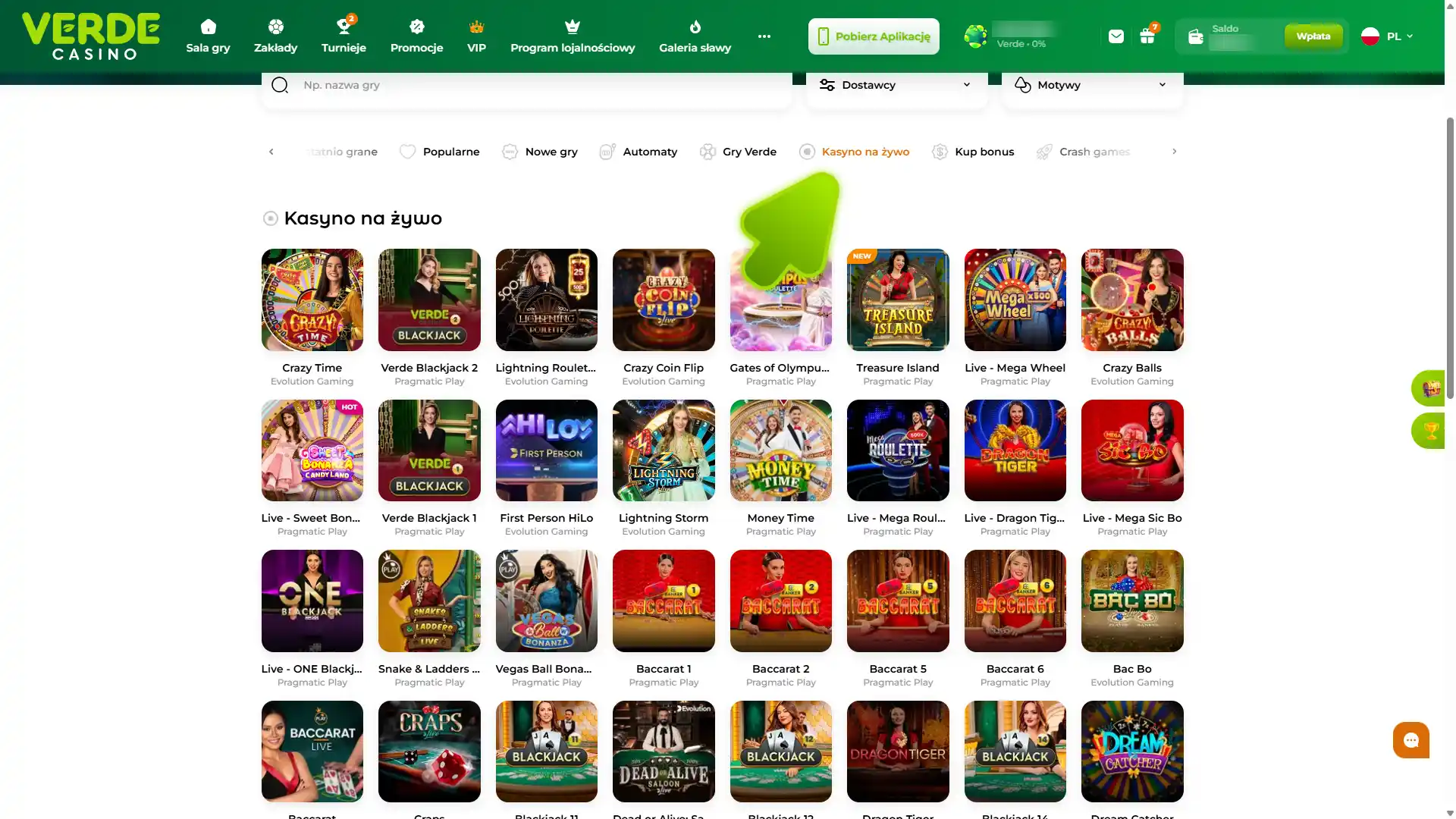 Znajdź sekcję kasyna na żywo w Verde Casino.