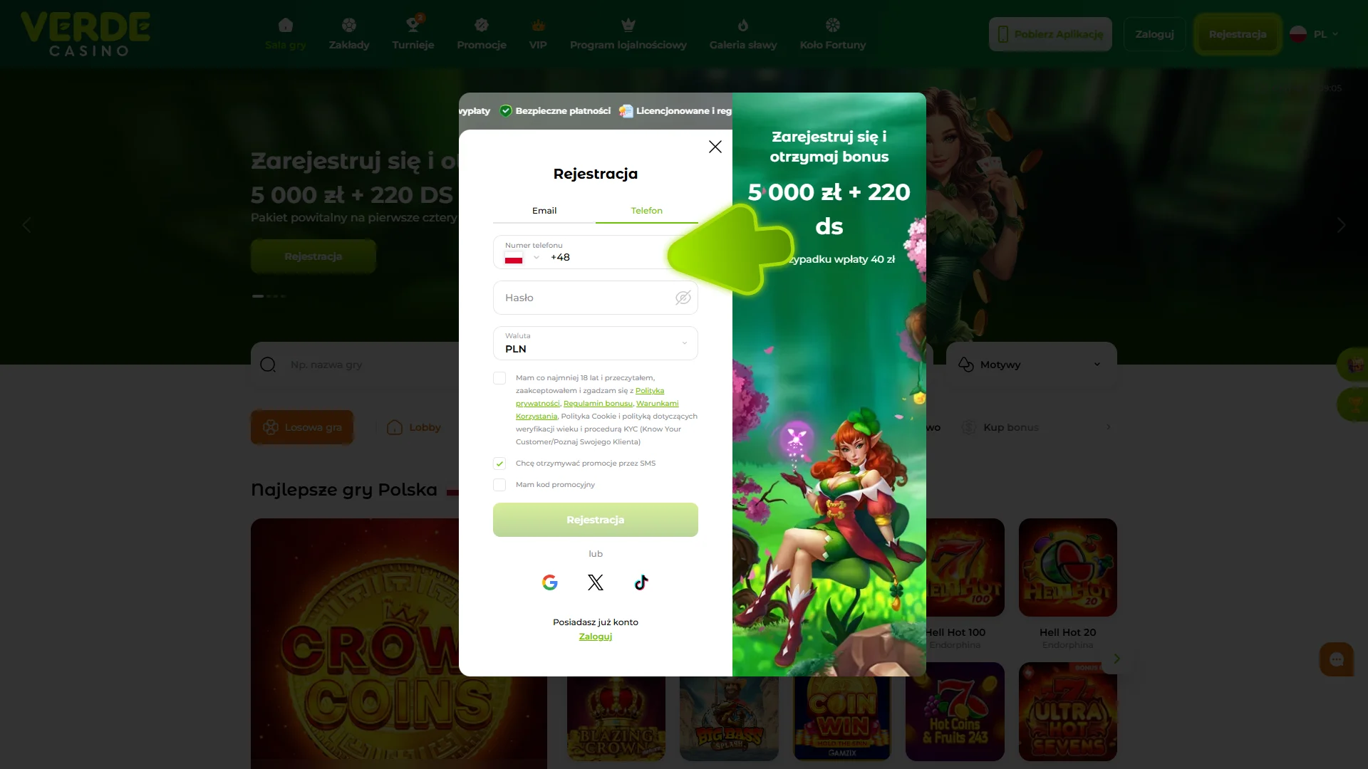 Załóż konto w Verde Casino, aby grać w gry kasynowe na żywo.