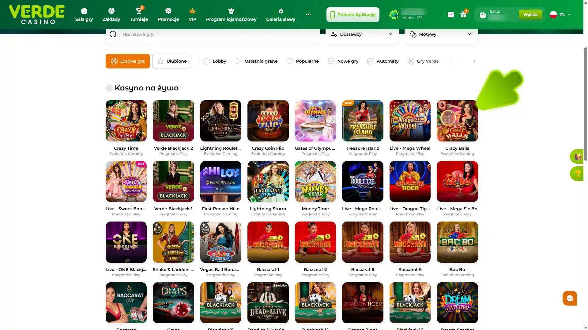 Otwórz dowolną grę w kasynie na żywo i zacznij grać w Verde Casino.