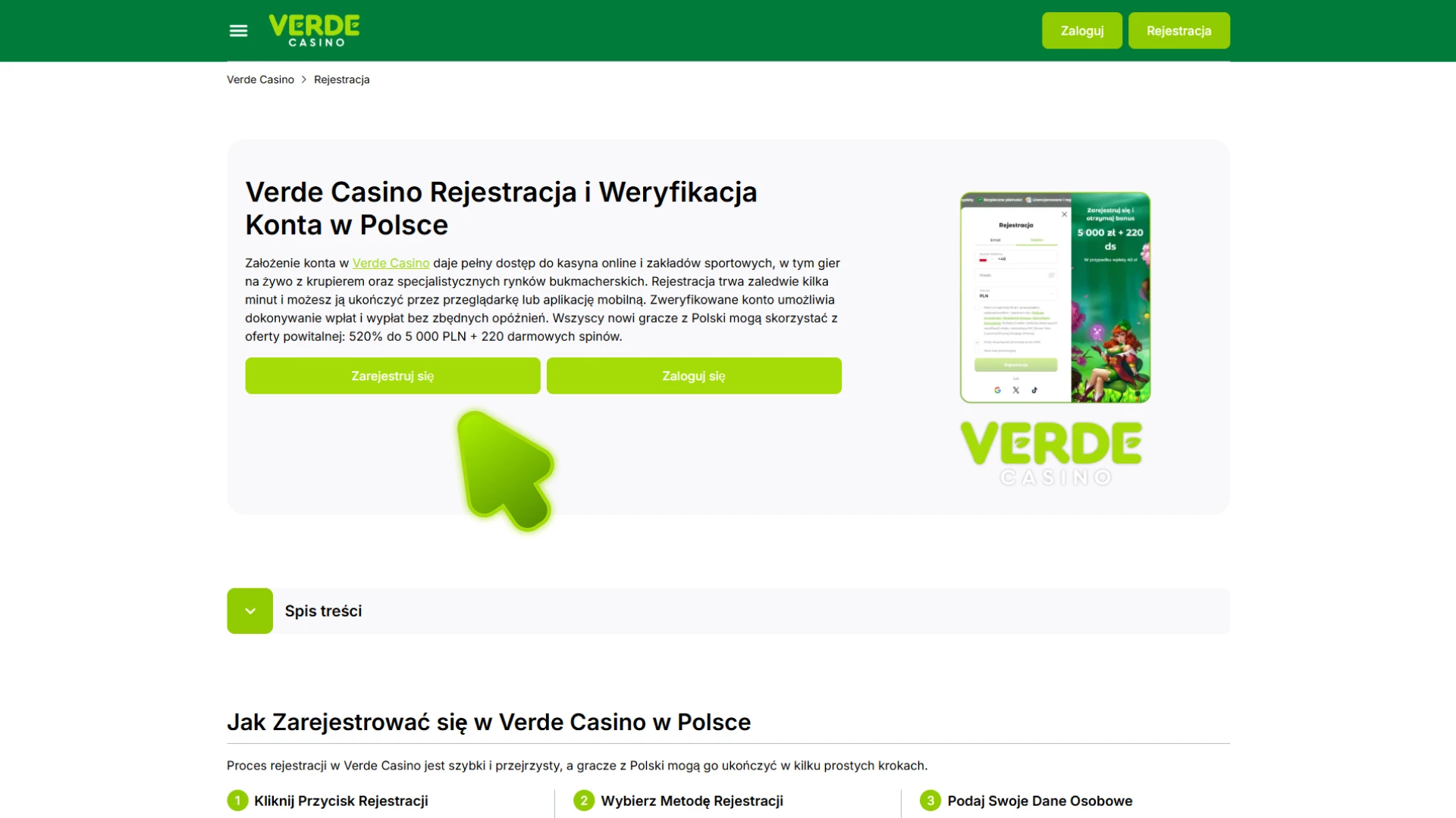 Kliknij ten przycisk, aby otworzyć formularz rejestracyjny w Verde Casino.