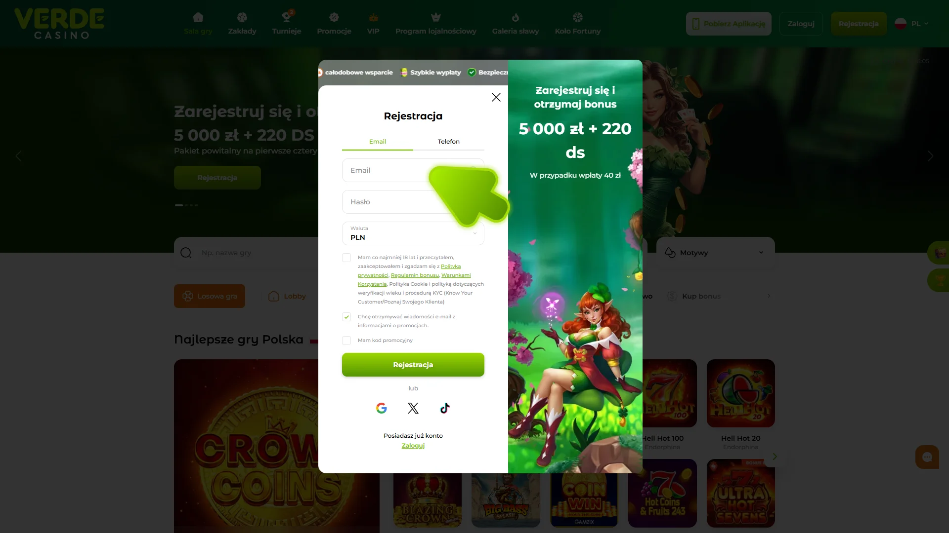 Wpisz swój adres e-mail lub numer telefonu w formularzu rejestracyjnym Verde Casino.