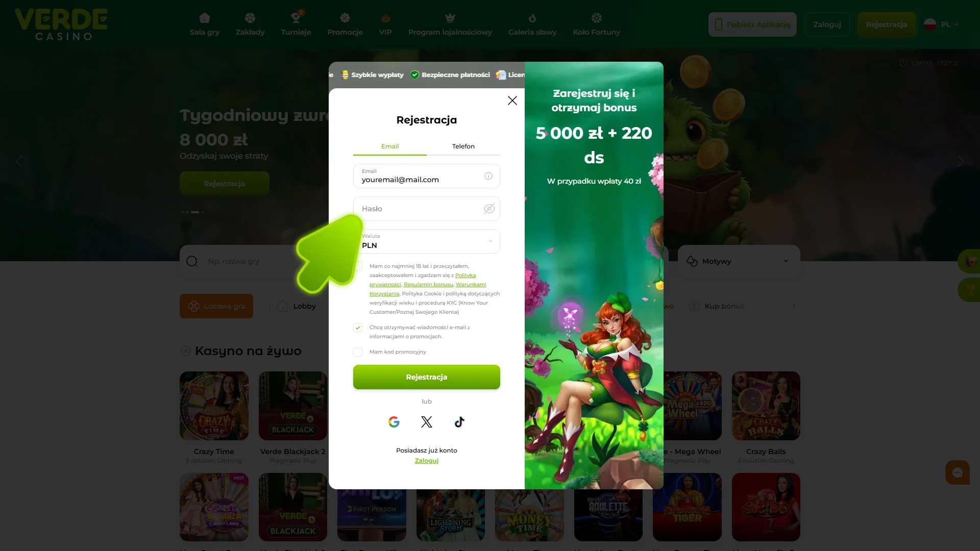 Wprowadź hasło do swojego konta w formularzu rejestracyjnym Verde Casino.
