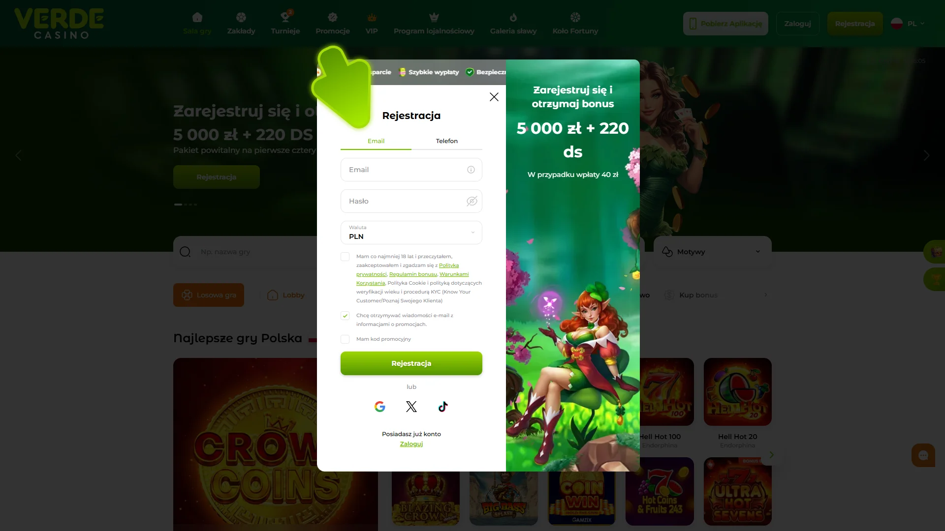 Wybierz metodę rejestracji w Verde Casino.