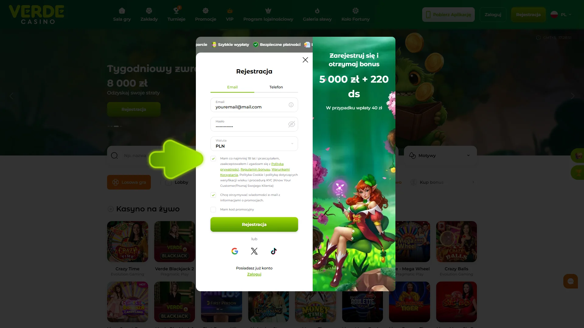 Potwierdź swój formularz rejestracyjny w Verde Casino.