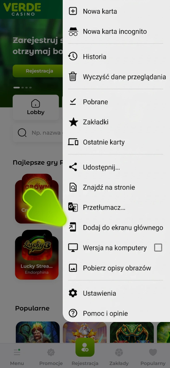 Przed rejestracją pobierz aplikację PWA Verde Casino.