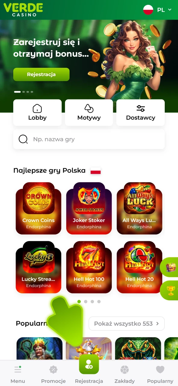 Otwórz formularz rejestracyjny w aplikacji Verde Casino.