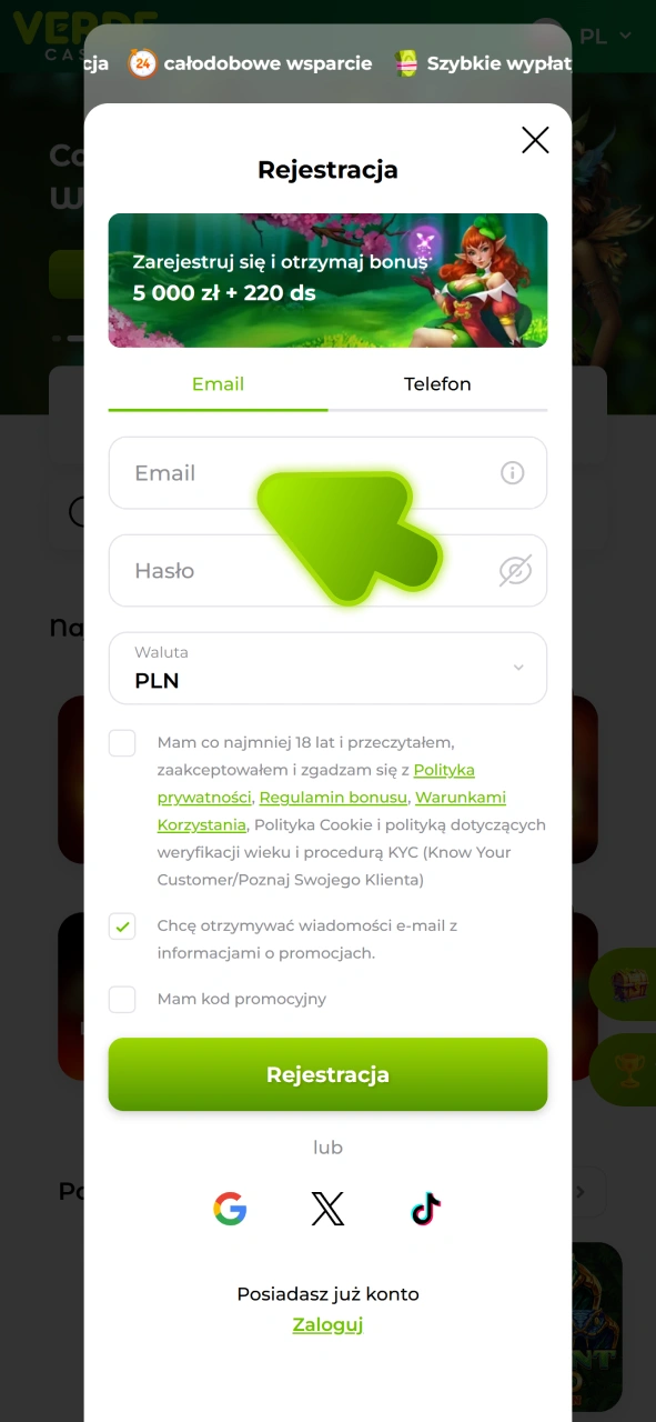 Wprowadź swoje dane w formularzu rejestracyjnym w aplikacji Verde Casino.