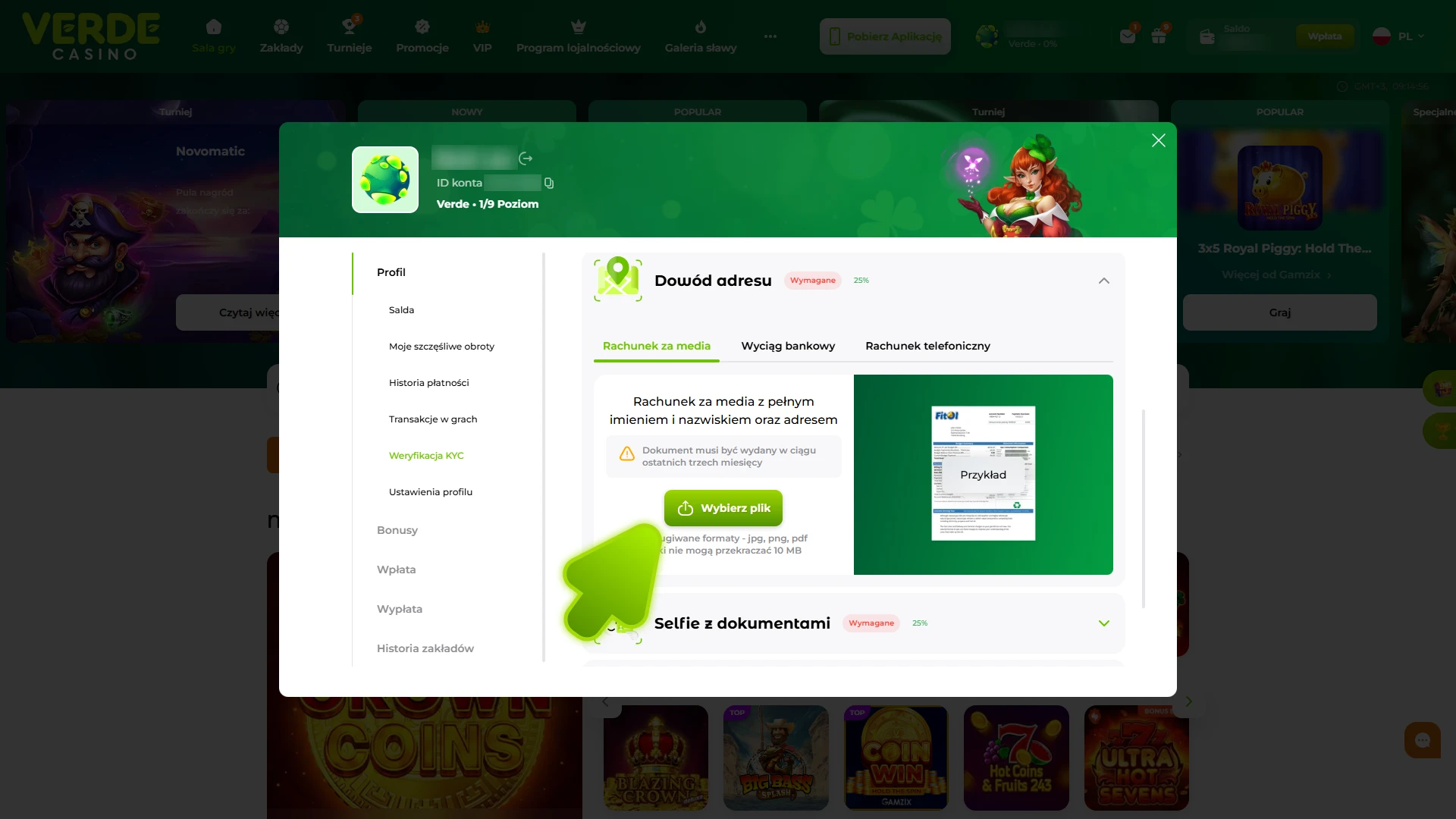 Dodaj potwierdzenie adresu do weryfikacji konta w Verde Casino.