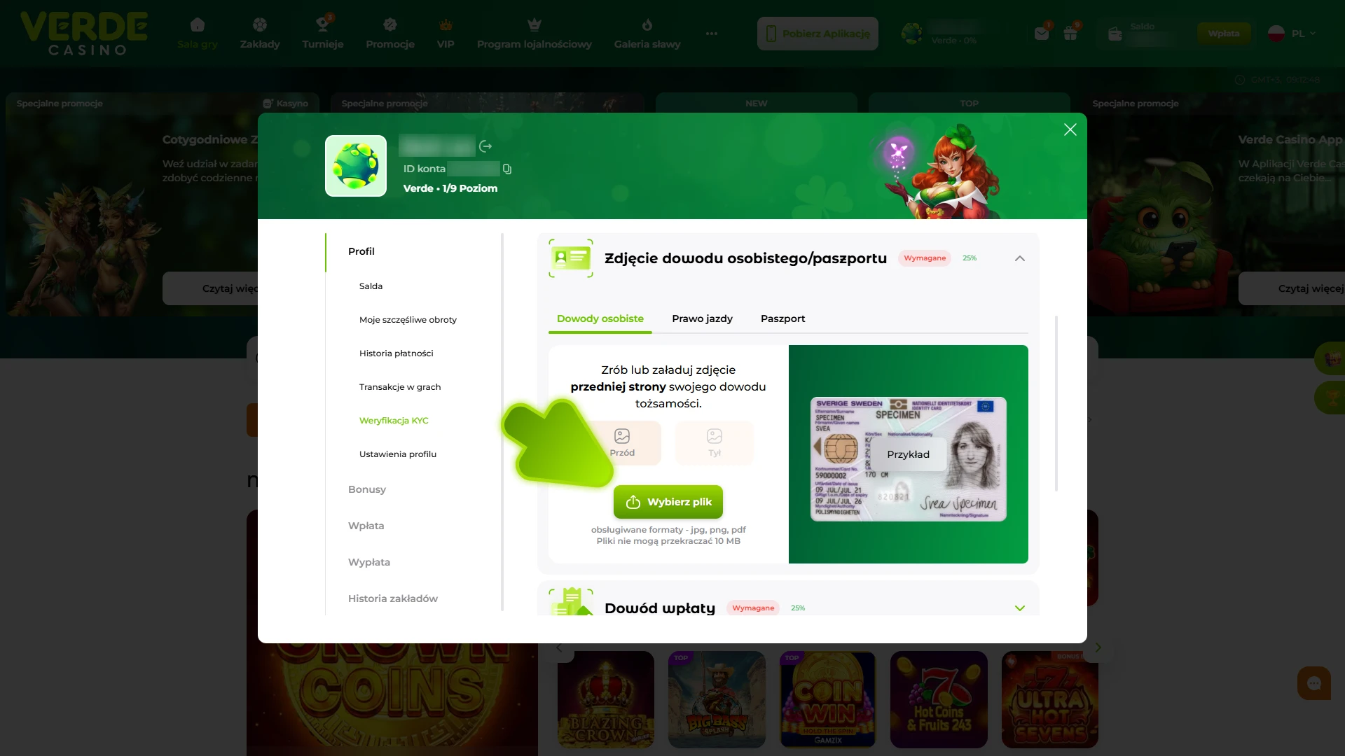 Dodaj swój identyfikator do weryfikacji konta w Verde Casino.