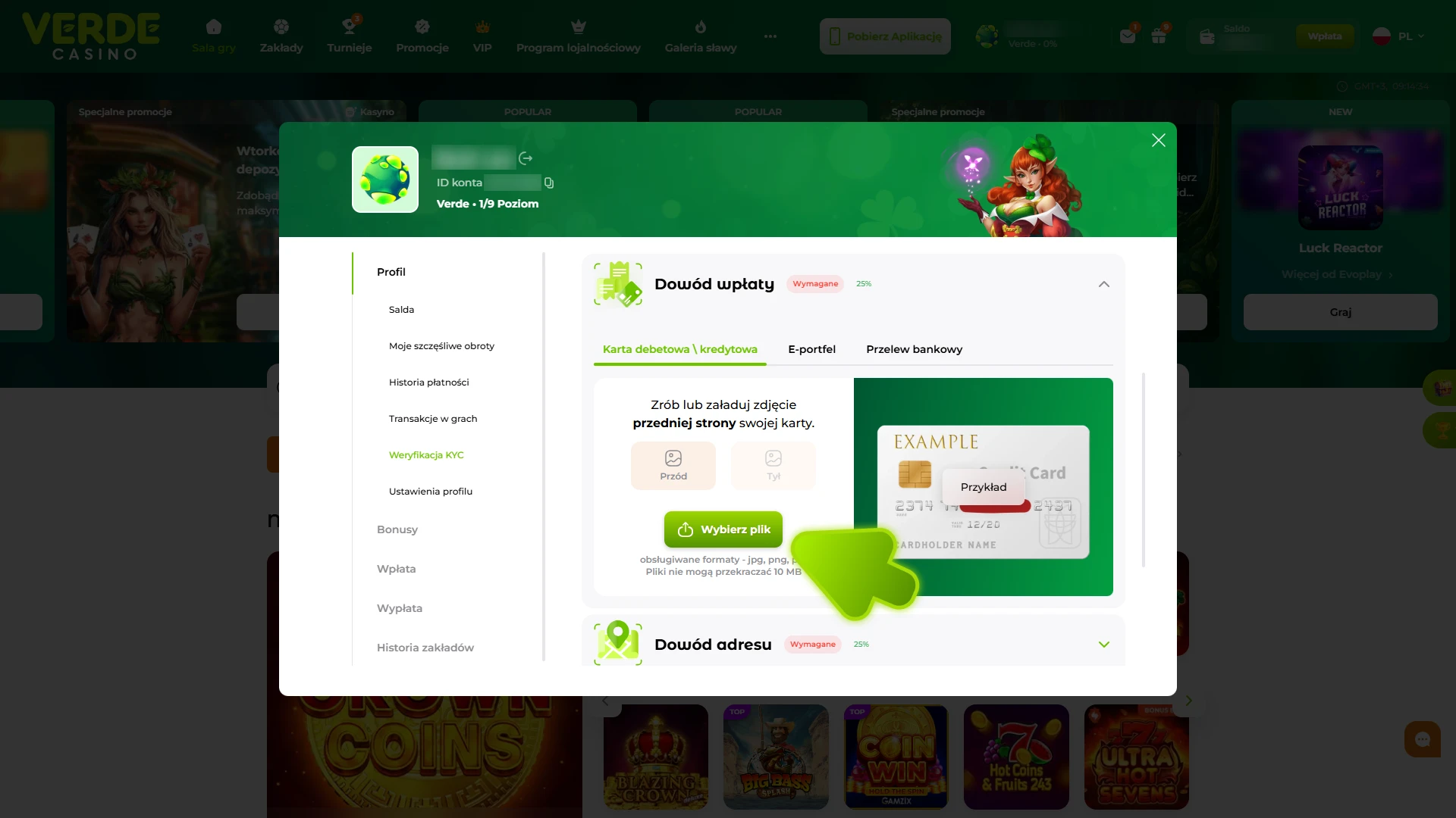 Dodaj dowód płatności do weryfikacji swojego konta w Verde Casino.