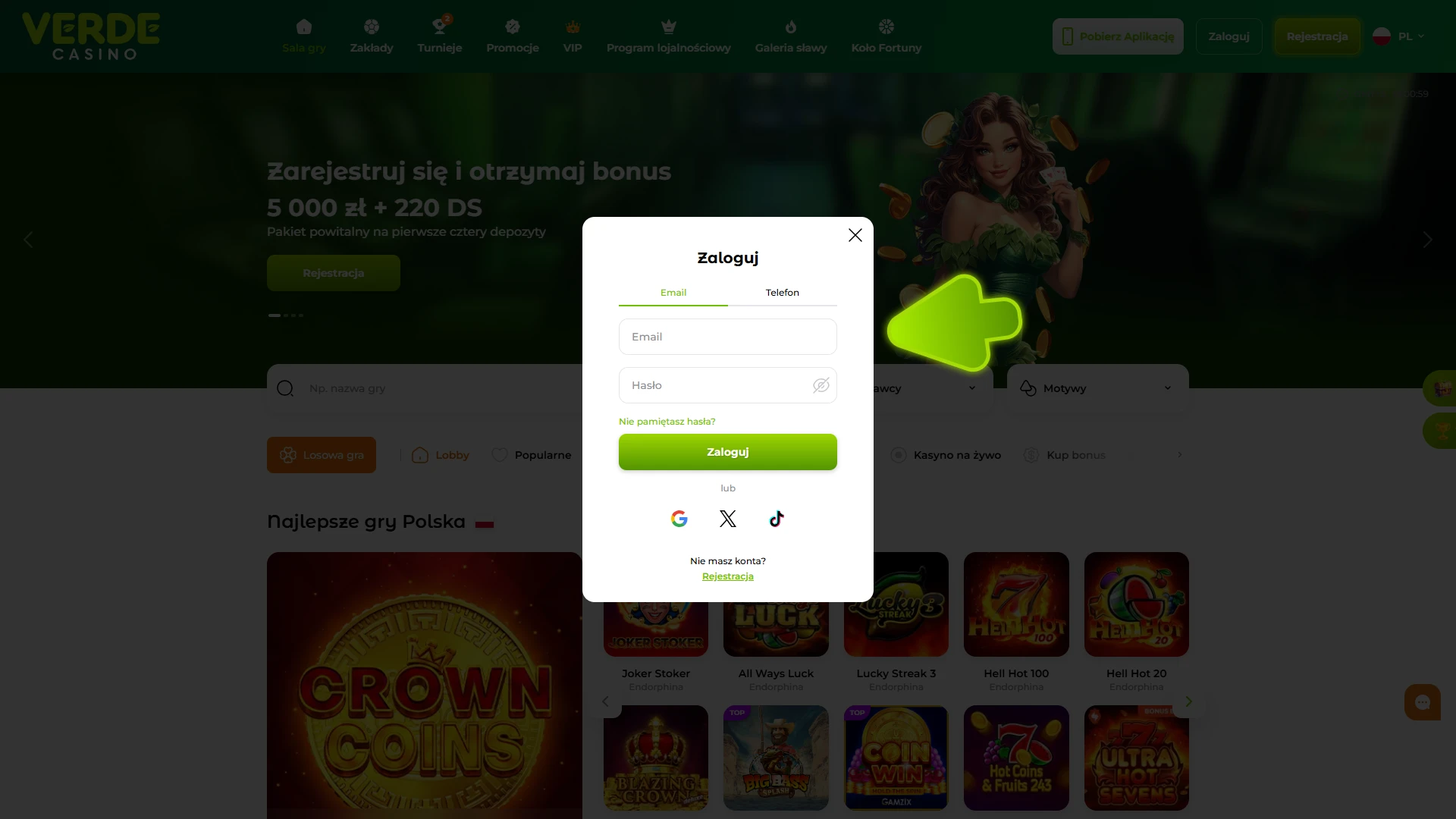 Zaloguj się na swoje konto w Verde Casino w celu weryfikacji.